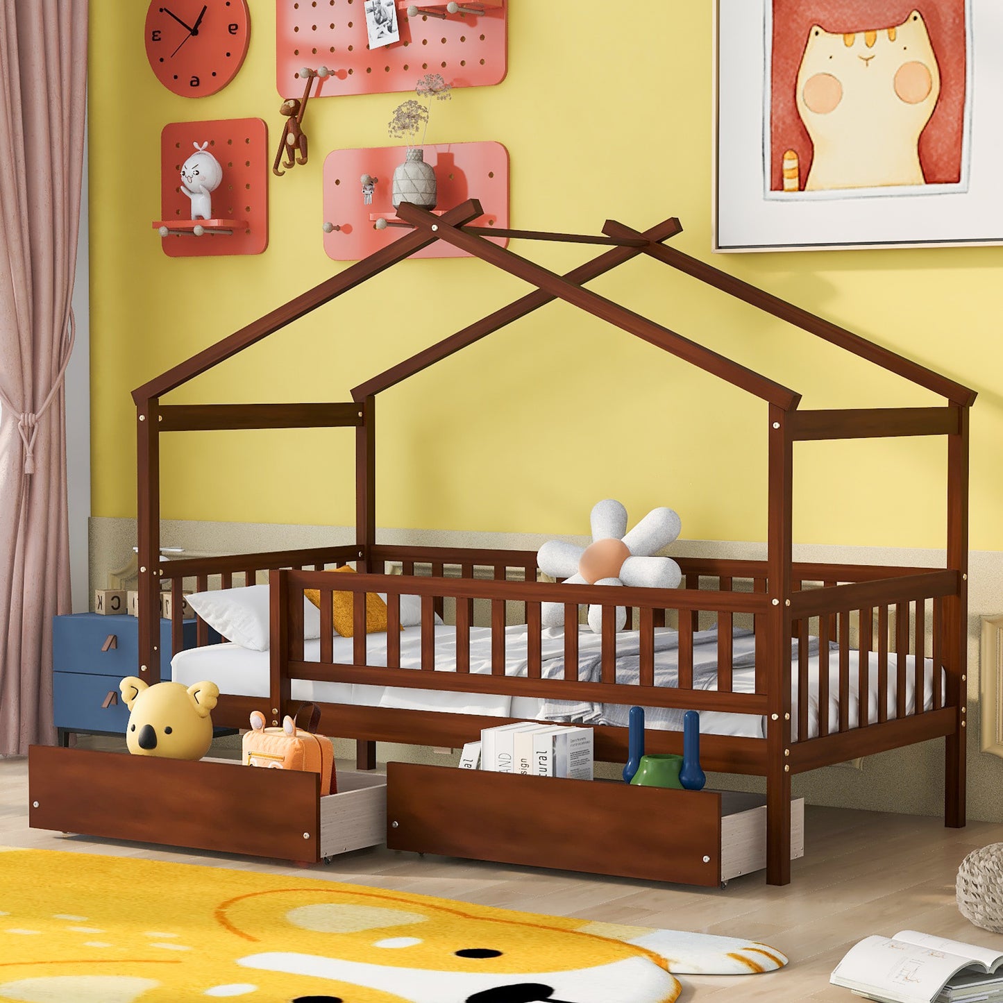 Twin Size Wooden House Bed with Two Drawers, Walnut