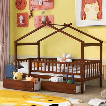 Twin Size Wooden House Bed with Two Drawers, Walnut