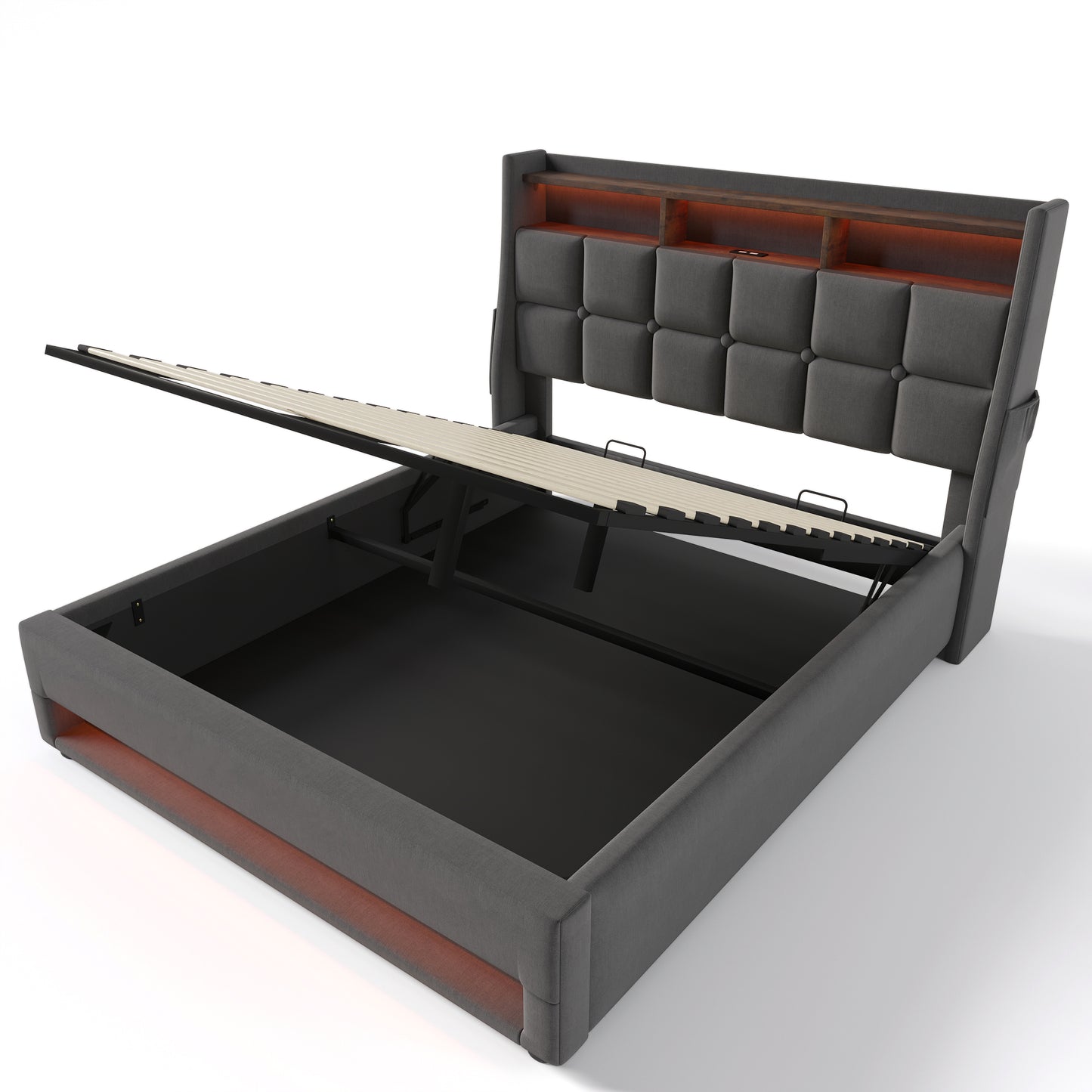 Grey Upholstered Platform Bed with Hydraulic Storage, LED Lighting & USB Charging, Full Size, Linen and Wood Frame