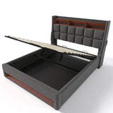 Grey Upholstered Platform Bed with Hydraulic Storage, LED Lighting & USB Charging, Full Size, Linen and Wood Frame