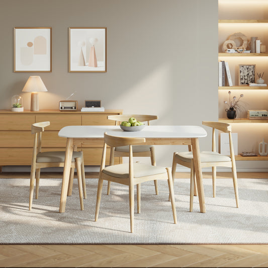 [Video] 5-Piece Dining Set 1 Table 4 Chairs, Rubberwood Frame, Premium Faux Leather, Ergonomic Backrest, Retro - Elegant for Kitchen & Family Dining, Natural+Light Gray