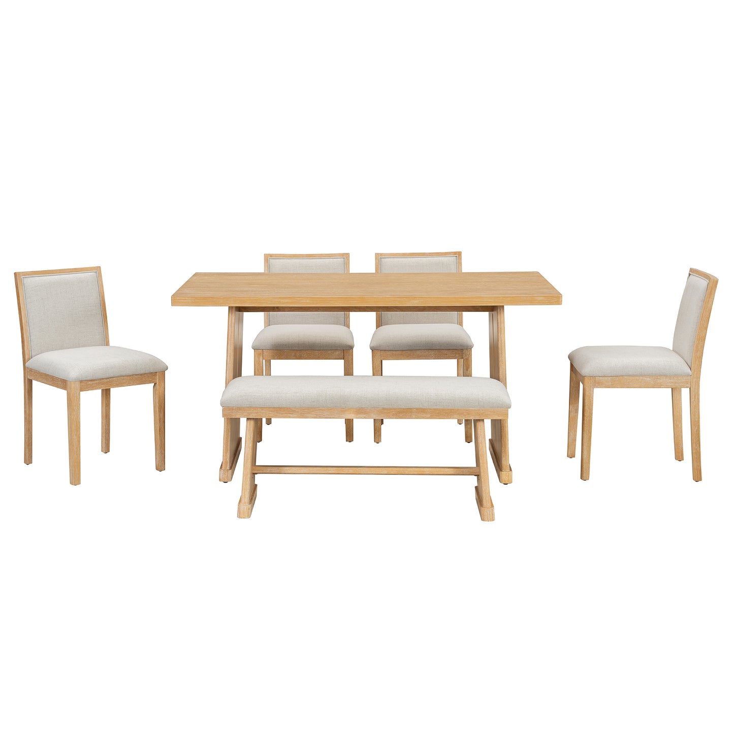TREXM Rustic Farmhouse Dining Set with Wire Brushed Finish, Rectangular Table with Trapezoid Legs, 4 Upholstered Linen Chairs & 1 Padded Bench in Natural Wood, Solid Wood Frame with MDF Top