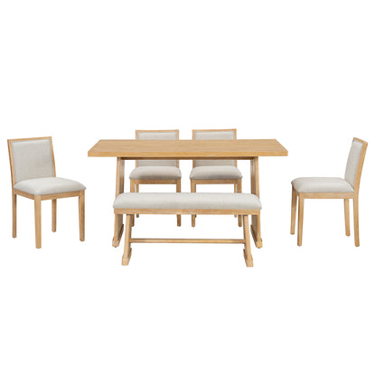 TREXM Rustic Farmhouse Dining Set with Wire Brushed Finish, Rectangular Table with Trapezoid Legs, 4 Upholstered Linen Chairs & 1 Padded Bench in Natural Wood, Solid Wood Frame with MDF Top