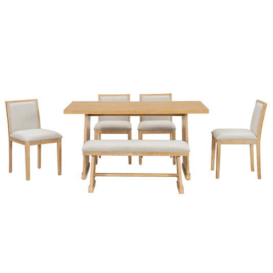 TREXM Rustic Farmhouse Dining Set with Wire Brushed Finish, Rectangular Table with Trapezoid Legs, 4 Upholstered Linen Chairs & 1 Padded Bench in Natural Wood, Solid Wood Frame with MDF Top