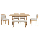 TREXM Rustic Farmhouse Dining Set with Wire Brushed Finish, Rectangular Table with Trapezoid Legs, 4 Upholstered Linen Chairs & 1 Padded Bench in Natural Wood, Solid Wood Frame with MDF Top