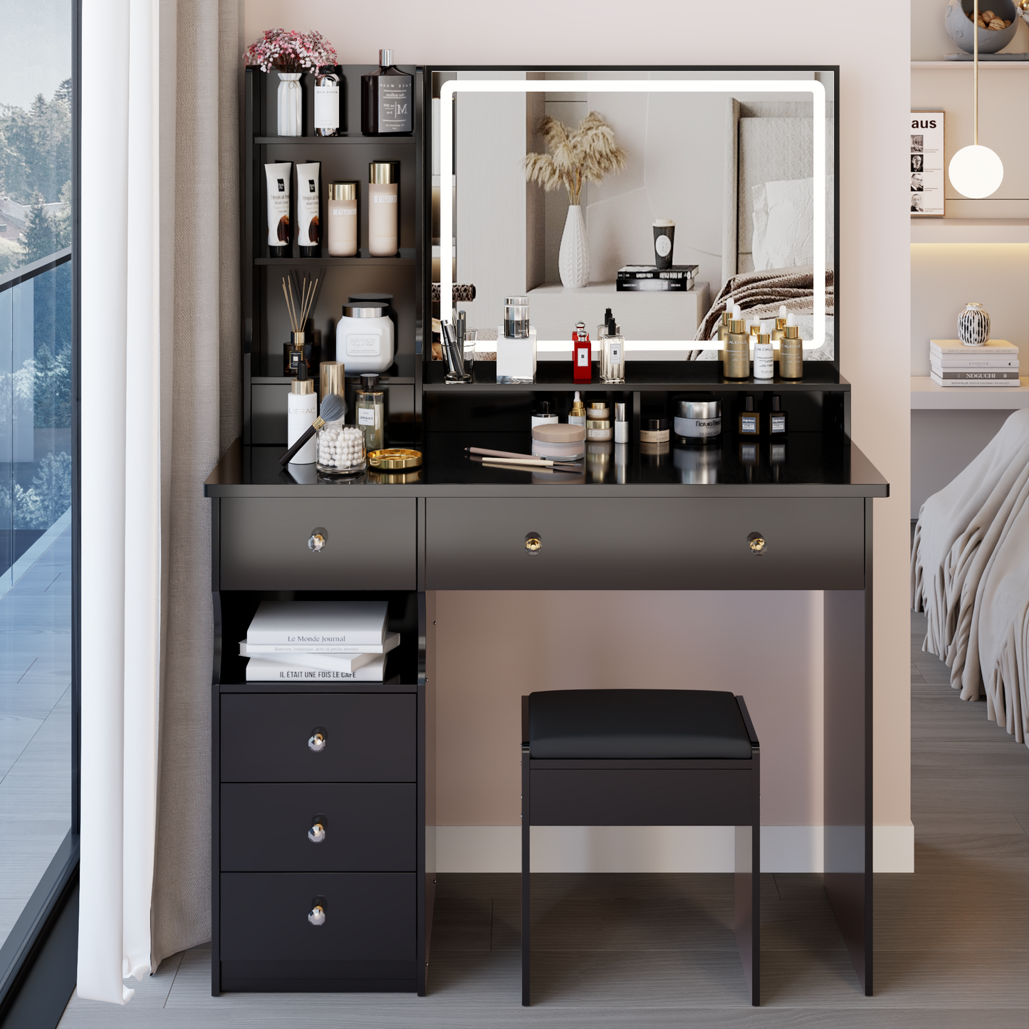 41' Large Sized Desktop Vanity Table + Cushioned Stool, Oversized desktop, Large Touch Control LED Mirror, 3-color Switch, Multi Layer High Capacity Storage Fashion Dresser, EPA, GCC, UL Certificate