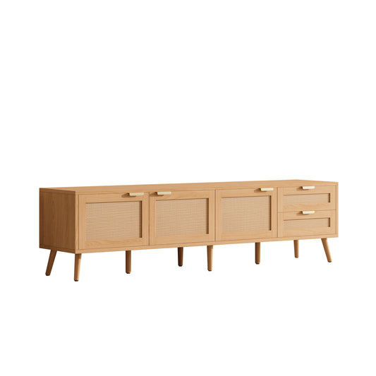 Modern 70inch TV Stand with Rattan Doors for TVs up to 80in, Media Console in Natural Wood Finish, 2 Drawers & Cable Management, Living Room Entertainment Center