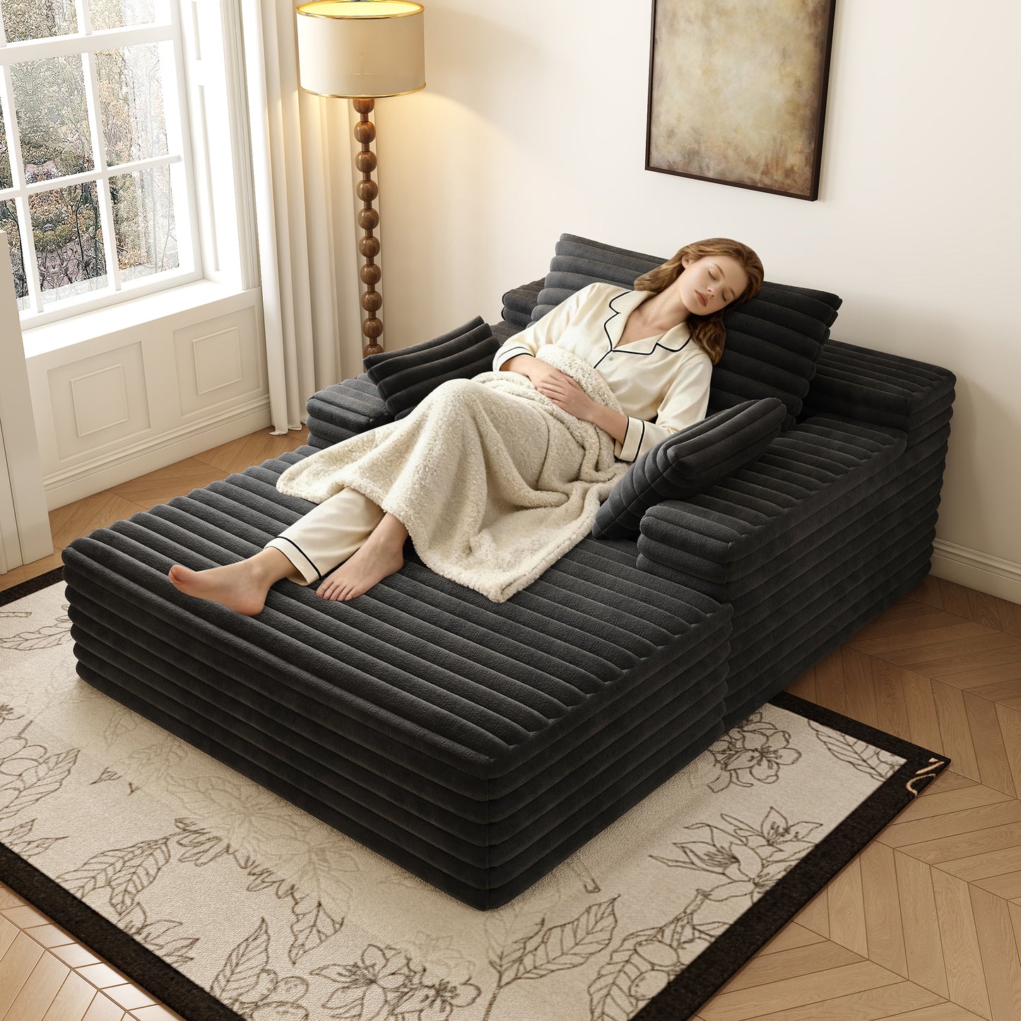 63'*47'odern Sofa bed  lounger for moviebonus room,No Assembly Required,Black(Plush Corduroy Fabric)