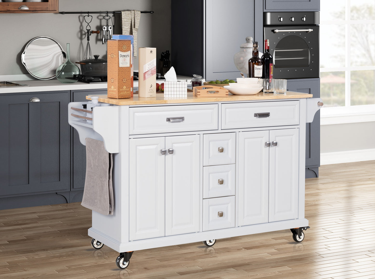 Kitchen Island with Rubber wood Countertop, Kitchen Cart on 5 Wheels with Storage Cabinet and 5 Drawers for Dinning Room, White