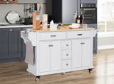 Kitchen Island with Rubber wood Countertop, Kitchen Cart on 5 Wheels with Storage Cabinet and 5 Drawers for Dinning Room, White