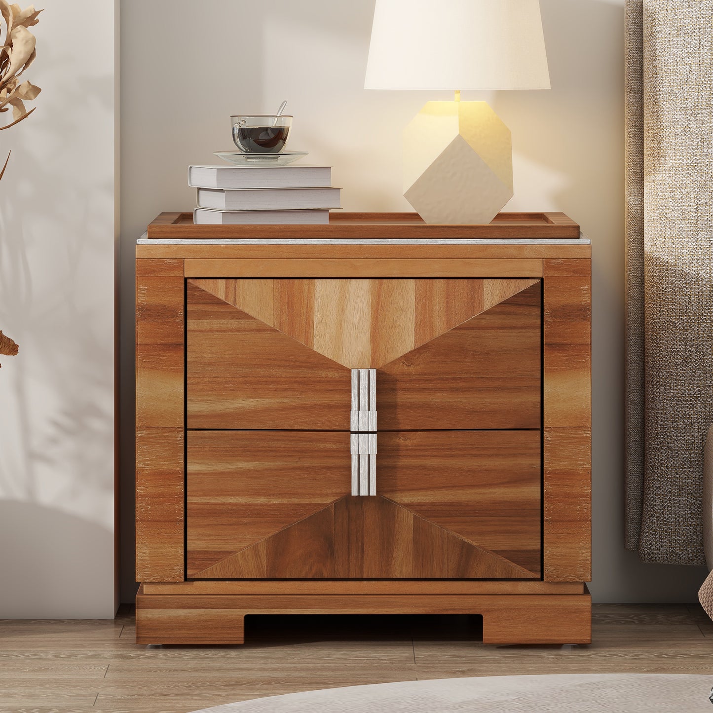 Mid-Century Modern Nightstand, 2 Drawers Wide Sofa Side Table,Wood Diamond Shaped End Table with Storage,Closet with Heavy Duty Base,Small Bedside Table for Bedroom,Living Room,Entrance, Light Brown
