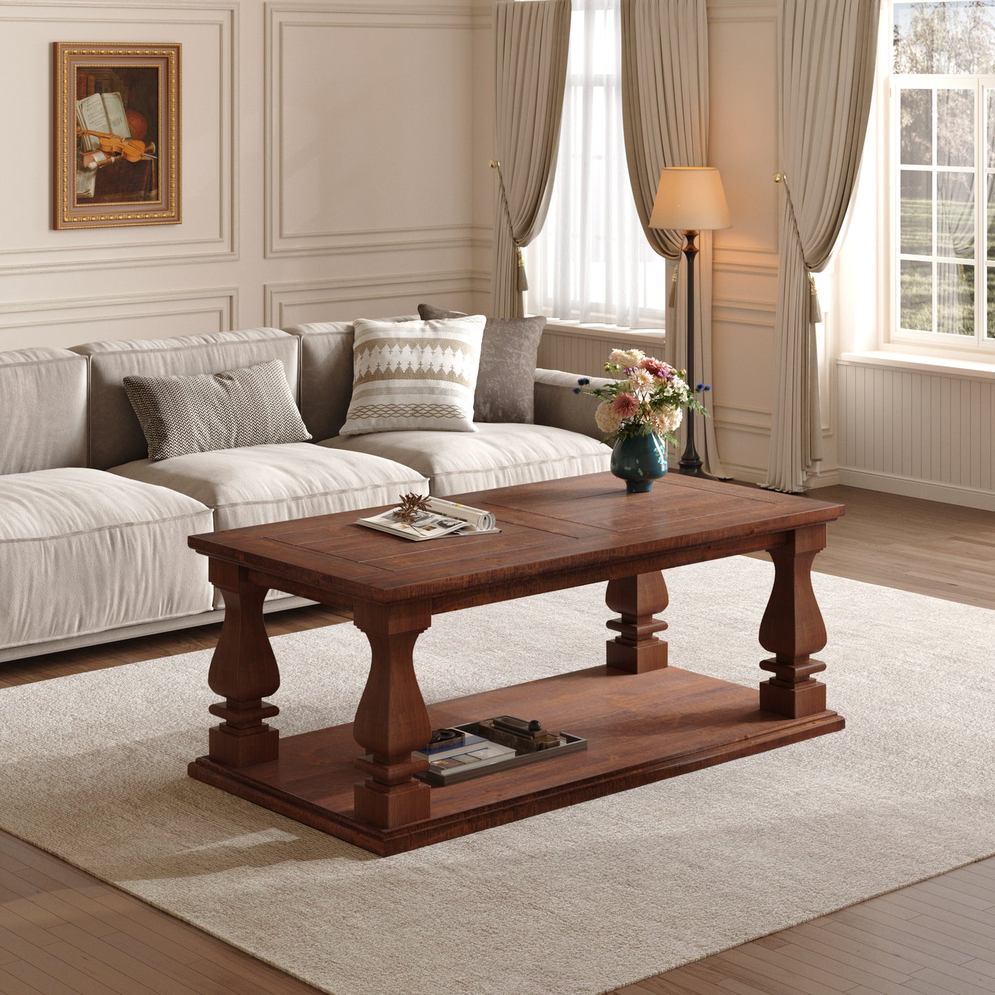 Farmhouse Coffee Table, Crafted with Heavy Planked Top & Square Baluster Legs, 47.24' Long Rustic Living Room Table with Storage Shelf,Walnut Brown