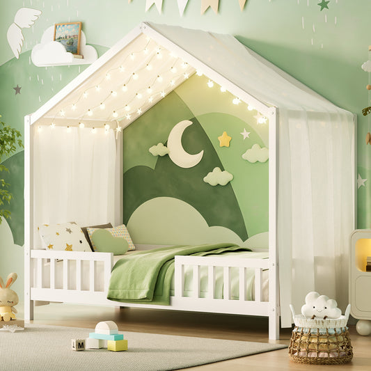 Montessori Floor Bed with Canopy, Twin Bed Frame for Kids, House Shape Kids Bed Frame with High Railings, Wood Kids Bed with Roof, Kid Twin Bed, White