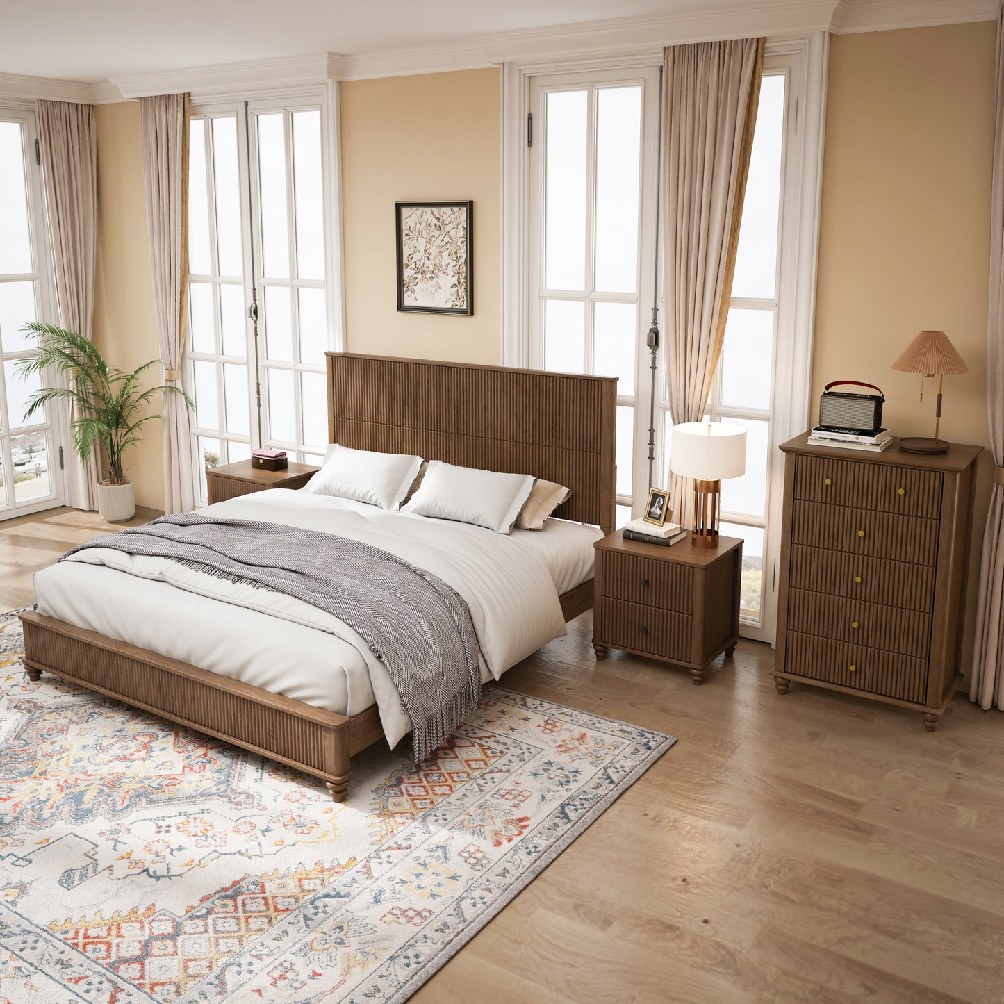 4-Piece Bedroom set with a King Size Bed,2 Nightstands and 5 Drawer Dresser,Walnut