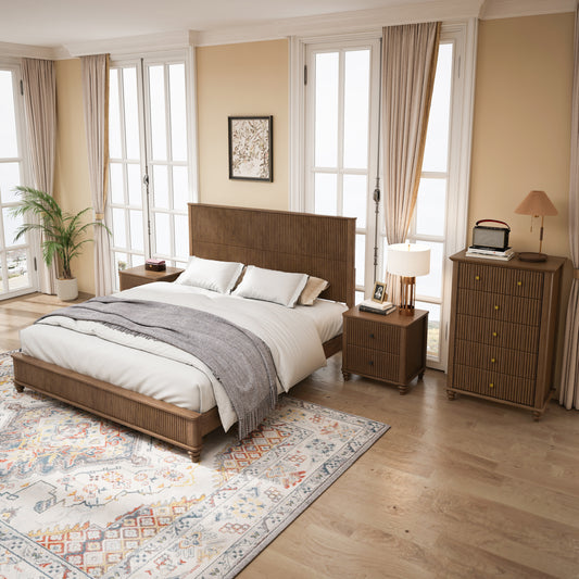 4-Piece Bedroom set with a King Size Bed,2 Nightstands and 5 Drawer Dresser,Walnut