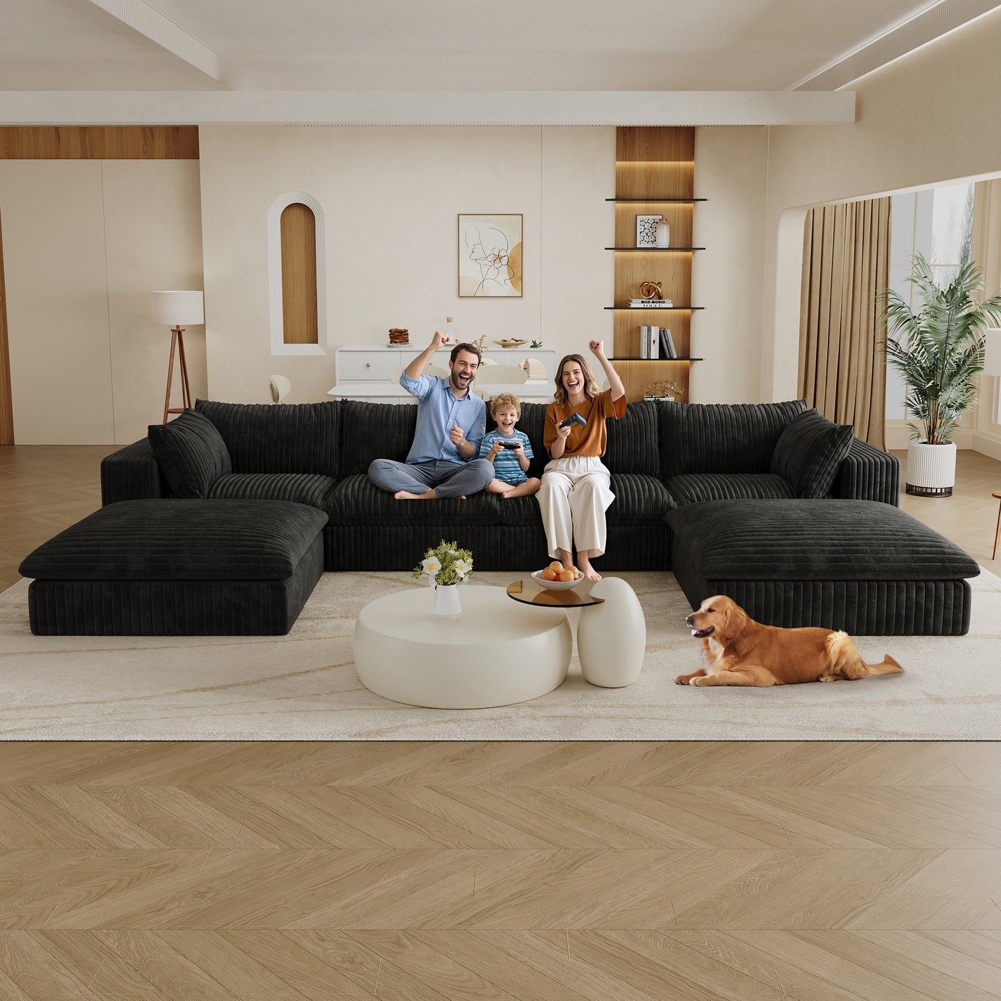 157.6'Cloud Sofa,Corduroy Fabric,Deep Seat Couches,Double-layer design,Removable  Cushion,No Assembly,DIY Combination for Living room, Bedroom,Conference room ,Apartment,Black