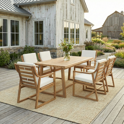 Outdoor Dining Set 7-Piece Outdoor Dining Set Patio Table And Chairs Set Modern Outdoor Furniture Set for Patio, Backyard, Garden, Light Teak Wood+Beige Cushion