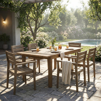 7 Pieces Acacia Wood Outdoor Dining Set s,Modern 6 Chairs  1 Large Table,Dining Furniture Set for Lawn, Backyard, Garden Deck,Poolside,Grey