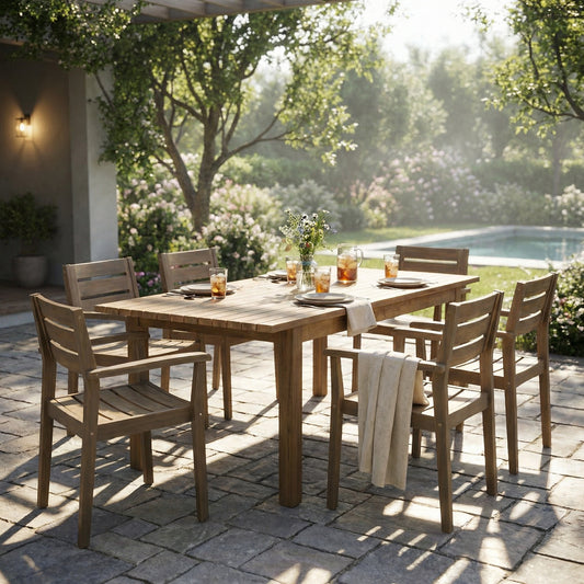 7 Pieces Acacia Wood Outdoor Dining Set s,Modern 6 Chairs  1 Large Table,Dining Furniture Set for Lawn, Backyard, Garden Deck,Poolside,Grey