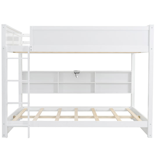 White Queen over Queen Bunk Bed with Storage Cabinets and USB Ports, Pine Wood+MDF