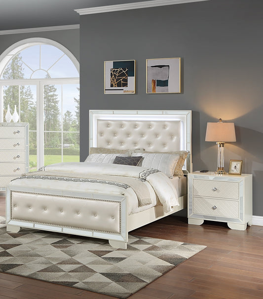 King Size Bed w LED 2x Nightstands Cream Ivory Tufted Faux Leather Panel HB FB Mirror Trim 3pc Bedroom Set