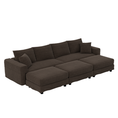 102.4 'Plush Corduroy 4-Seat Sofa,Modern Comfy Upholstered Sofa Cloud Couch,Deep Seat Couches with Soft Pillows and 3 Ottomans,Convertible Sofa Lounge Chair,Camel