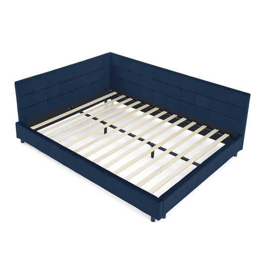 Mid-Century Upholstered Tufted Queen Size Bed Frame with Backrest and Armrests, Velvet, Dark Blue