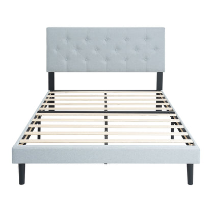 Modern Twin Size Upholstered Platform Bed Frame with Button Tufted Linen Fabric Headboard in Light Gray