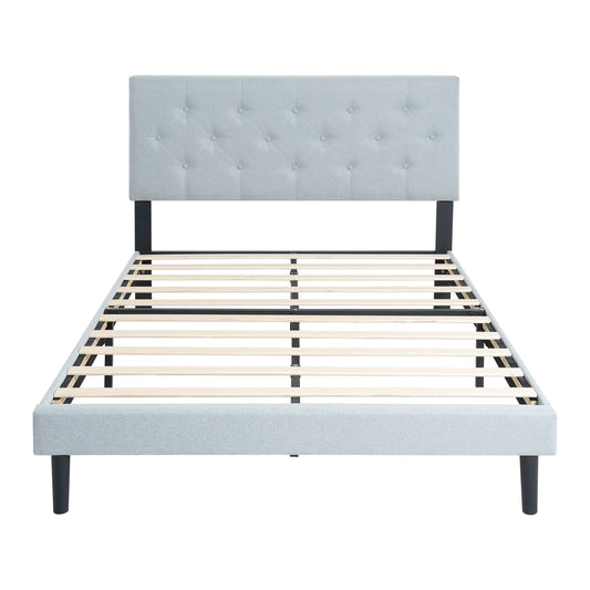 Modern Twin Size Upholstered Platform Bed Frame with Button Tufted Linen Fabric Headboard in Light Gray