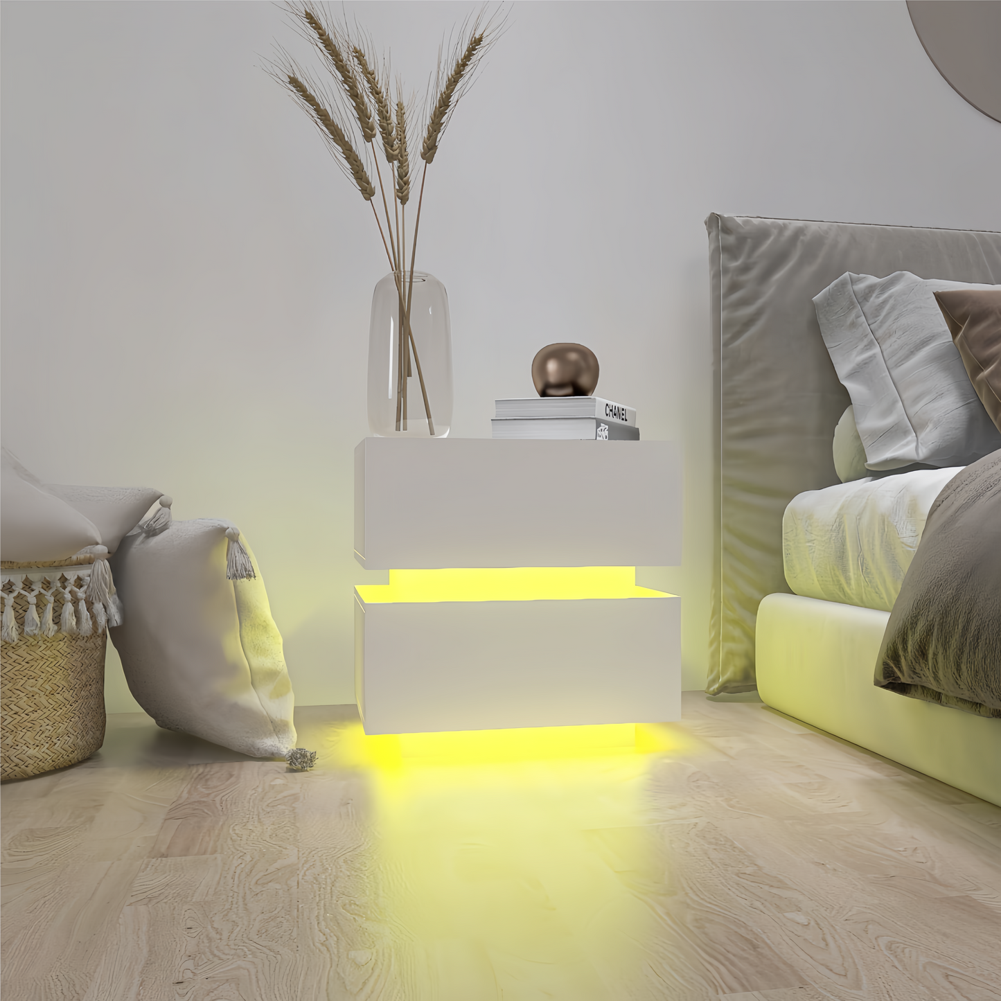 White Color High Glossy 2 Drawers Bedside Table with RGB Led Light Nightstand with Bluetooth Control