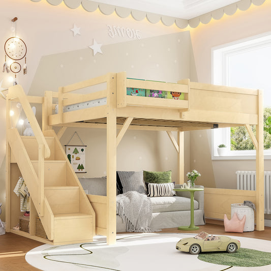 Full Size Loft Bed with Built-in Wardrobe and Storage Space, Solid Wood Loft Bed with Beside Shelves, Full-length Guardrails and Stairs, No Box Spring Needed,  Natural
