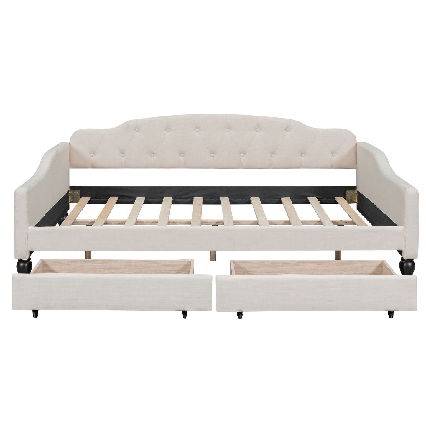 Beige Upholstered Tufted Full-Size Daybed with Two Drawers, Plywood Frame and Linen Fabric