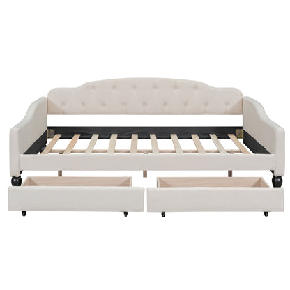 Beige Upholstered Tufted Full-Size Daybed with Two Drawers, Plywood Frame and Linen Fabric