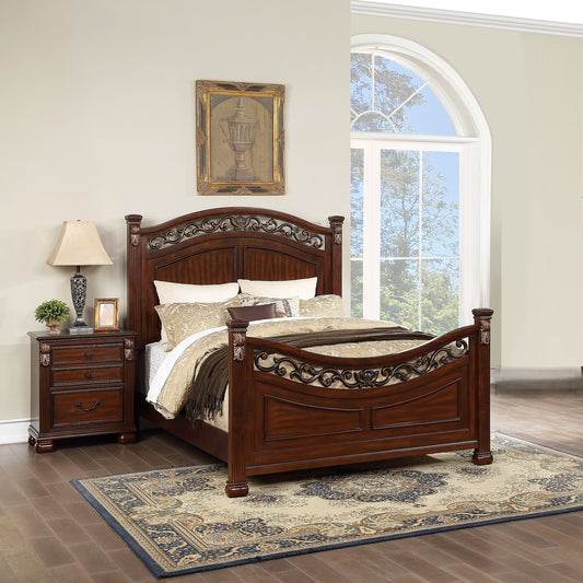 Luxurious Queen Size Bed 2x Nightstands 3pc Bedroom Set Elegant Design Panel Bed Dark Cherry Finish