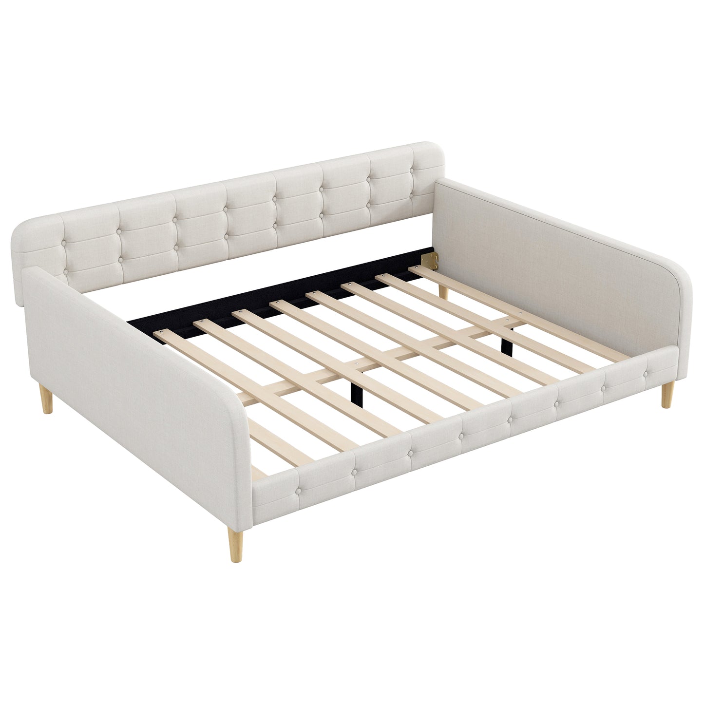 Beige Upholstered Queen Size Daybed with Solid Pine Wood Frame and 4 Support Legs