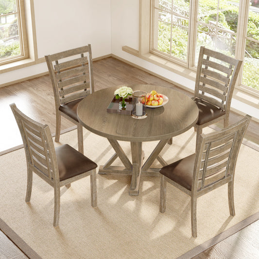 [5-Piece Round Dining Table Set] Solid Wood Farmhouse Style with Upholstered Chairs, Rustic Distressed Finish