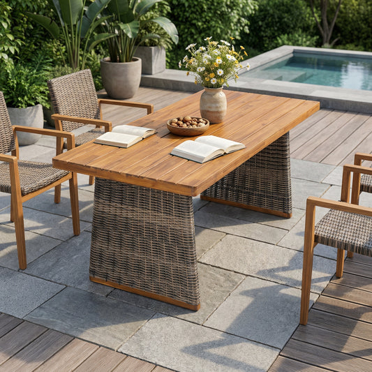 Outdoor Acacia Wood Dining Table,Teak Finish+ Grey Wicker