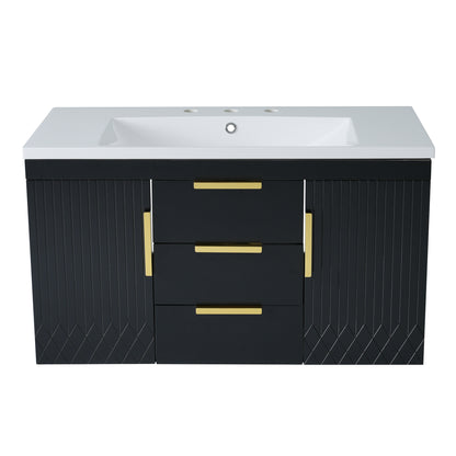 36'' Wall Mounted Bathroom Vanity with Resin Sink, Floating Storage Cabinet with 2 Drawers, Solid Wood Look in Black Finish, MDF Construction