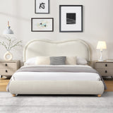 Queen Size Upholstered Platform Bed Frame with Rounded Corners Curved Headboard, Wooden Slats, Oak Solid Wood Legs, Chenille Fabric, No Box Spring Needed, Easy Assembly, Beige