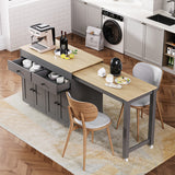 K&K 74.5 inch Kitchen Island with Extendable Dining Table , Rolling Kitchen Island on Wheels with Spice Rack and 2 Drawers, 4 Door Cabinet, for Kitchen, Dining Room, Grey (Two Packages)