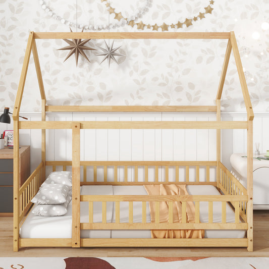 Full Size House Floor Wooden Bed with Roof Frame, Safety Guardrails,Natural (Old Sku W504P286409)