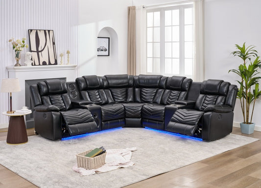MS ZPM072 Power Recliner Sectional Sofa Couches with Bass Speakers for Living Room, Leather Reclining Corner Sectionals Sofa Couch Sets with LED Light, Electric Theater Recliners for Home, Black