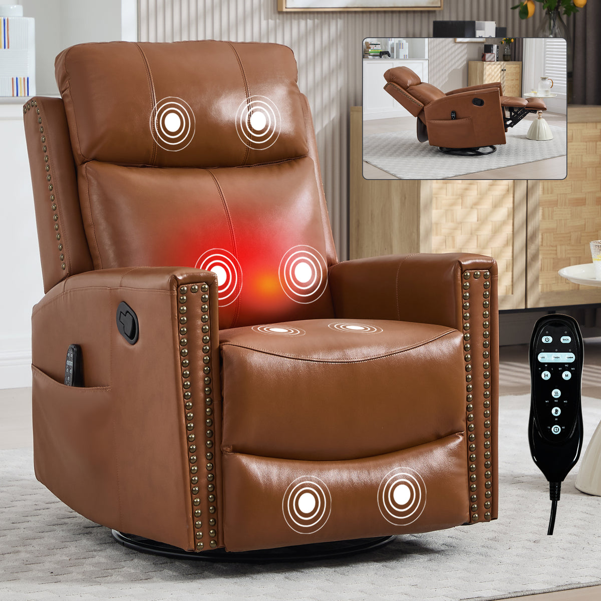 Deep Yellow Genuine Leather Heat Massage Manual Recliner Chair with Rocker and Swivel for Living Room