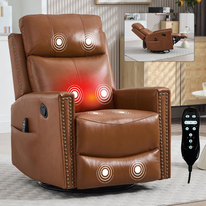 Deep Yellow Genuine Leather Heat Massage Manual Recliner Chair with Rocker and Swivel for Living Room