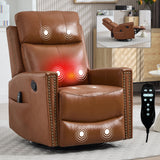 Deep Yellow Genuine Leather Heat Massage Manual Recliner Chair with Rocker and Swivel for Living Room