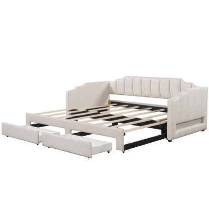Beige Upholstered Extendable Daybed with LED Light and Two Storage Drawers, Twin XL to King Size, Pine Wood and MDF Frame