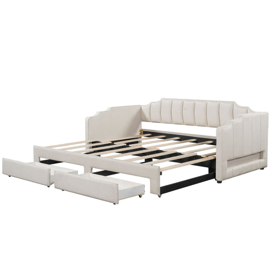 Beige Upholstered Extendable Daybed with LED Light and Two Storage Drawers, Twin XL to King Size, Pine Wood and MDF Frame