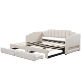 Beige Upholstered Extendable Daybed with LED Light and Two Storage Drawers, Twin XL to King Size, Pine Wood and MDF Frame