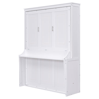 White Queen Size Murphy Bed with Shelf, Pine Wood + MDF, 80.7'' x 61'' Mattress Support