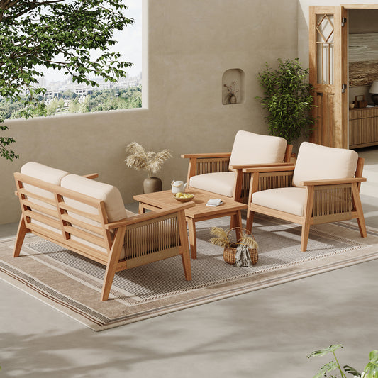 Outdoor 4pc Acacia Wood and Rope Sectional Patio Sofa Set (old sku N757S438679B)